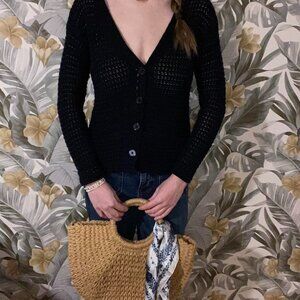 Navy Button Up V Neck Cardigan Cotton Natural Fiber Small Petite